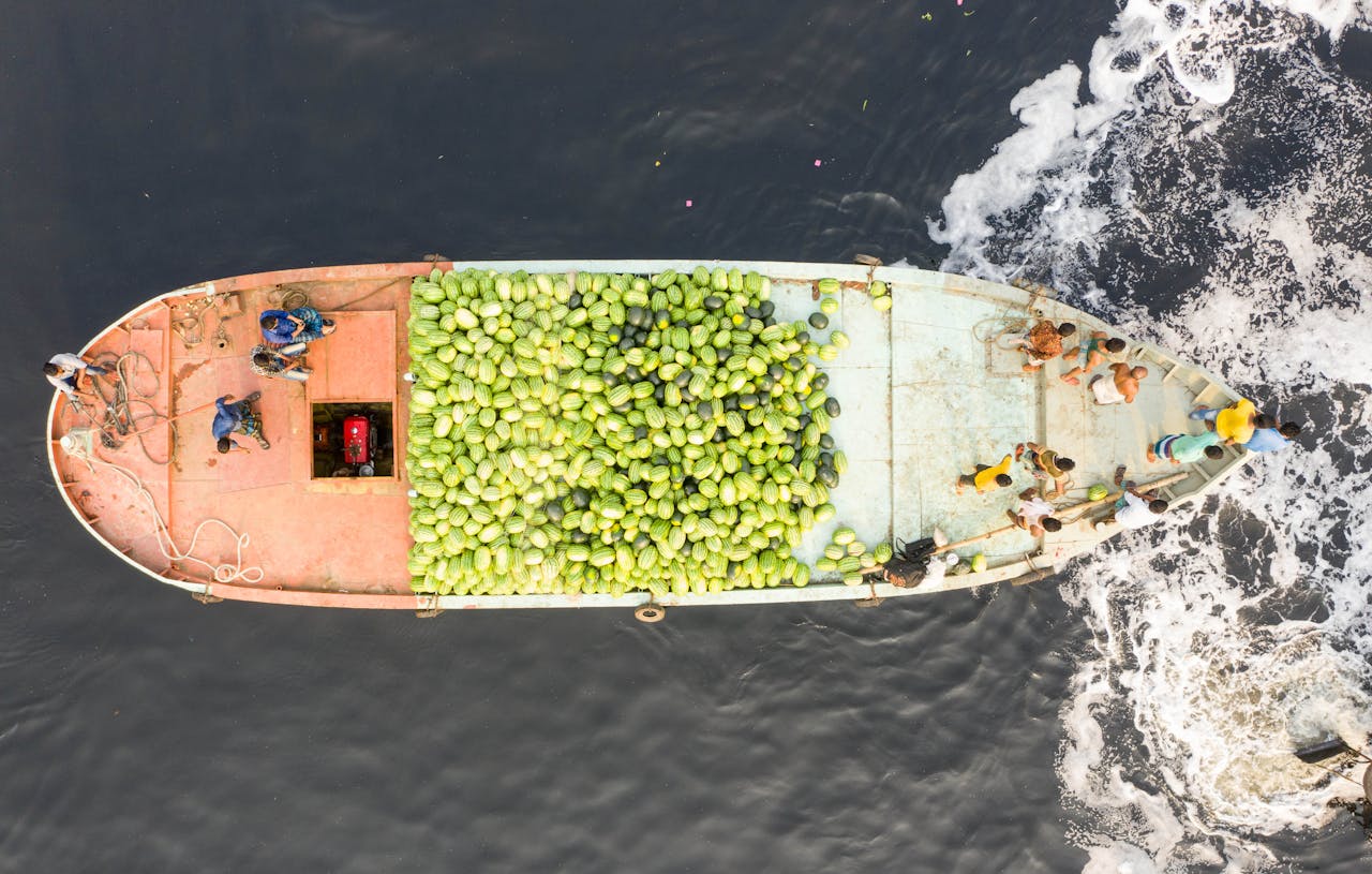High-angle view of a boat transporting watermelons on the sea.